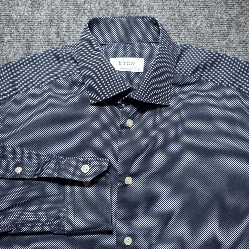 Eton Dress Shirt Men Size 15.5 39 Contemporary Fit Blue White Dotted AOP Button